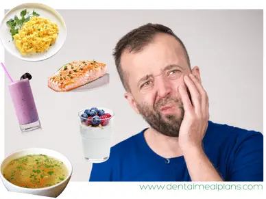 man in mouth pain with pictures of soft foods around him