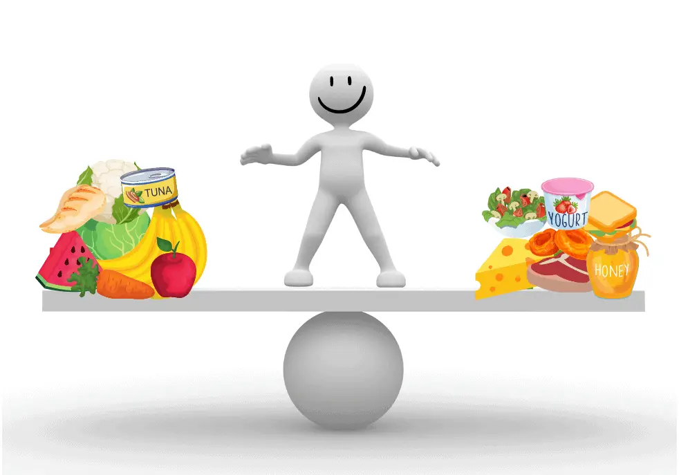 digital image of person balancing on seesaw with foods on either end of seesaw
