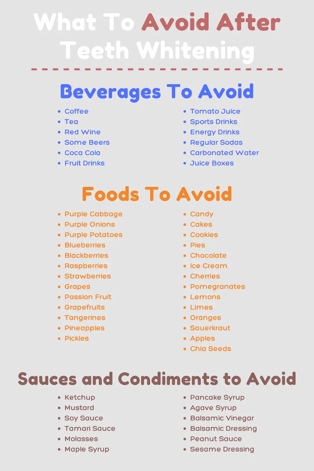 what to avoid after teeth whitening, including beverages to avoid, foods to avoid and sauces and condiments to avoid