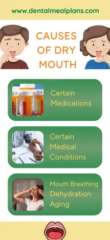 causes of dry mouth certain medications, certain medical conditions, mouth breath, dehydration, aging